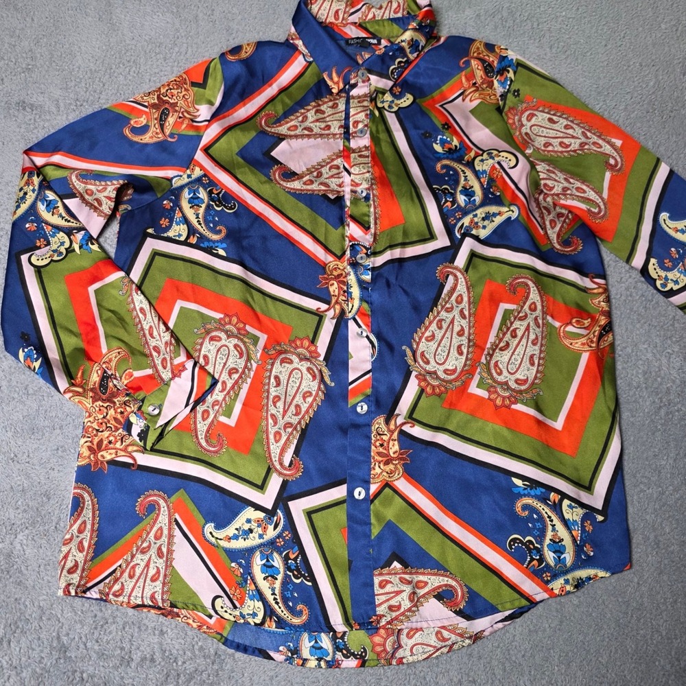 Fashion Nova Womens XL Button Down Shirt Multicolor Paisley Geometric Satin